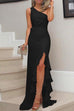 Meridress One Shoulder Twist Knot High Split Ruffle Party Dress