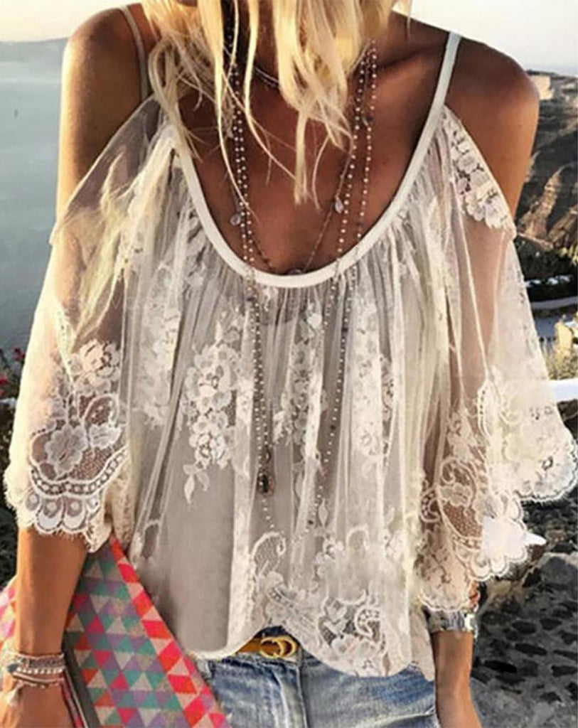 Meridress Scoop Neck Cold Shoulder Lace Cami Top
