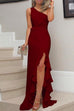 Meridress One Shoulder Twist Knot High Split Ruffle Party Dress