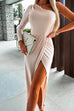 Meridress One Shoulder Long Sleeve Ruched High Slit Midi Dress