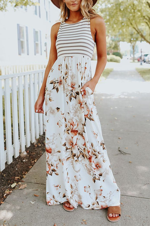 Meridress Striped Floral Splice Sleeveless Maxi Dress