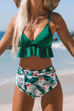 Meridress V Neck Flouncing Design Print Two-piece Swimwear